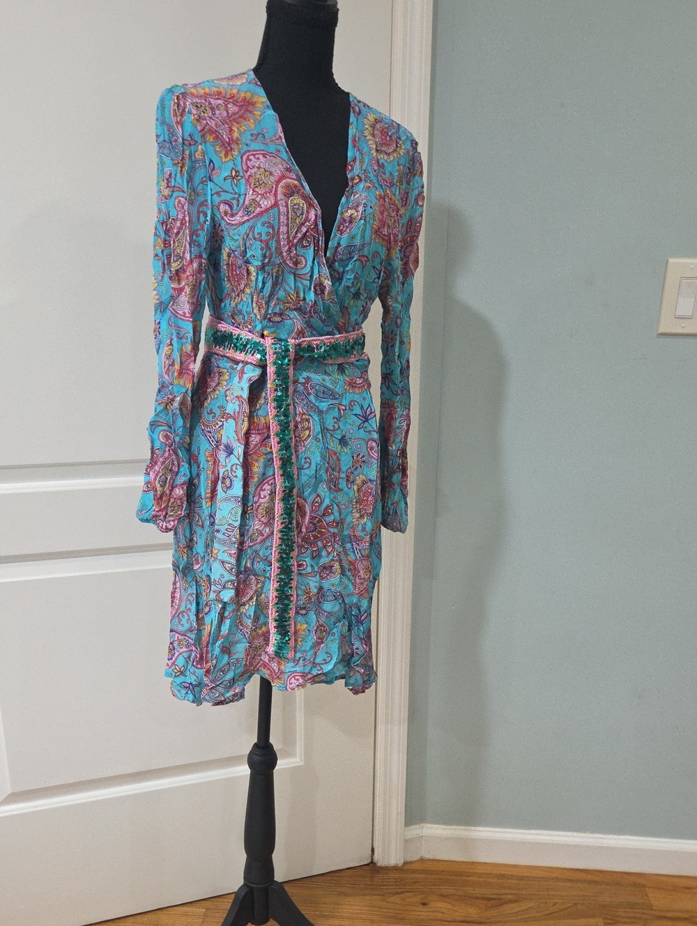 Boston Proper Turquoise Paisley Wrap Dress with Pink & Gold Accents